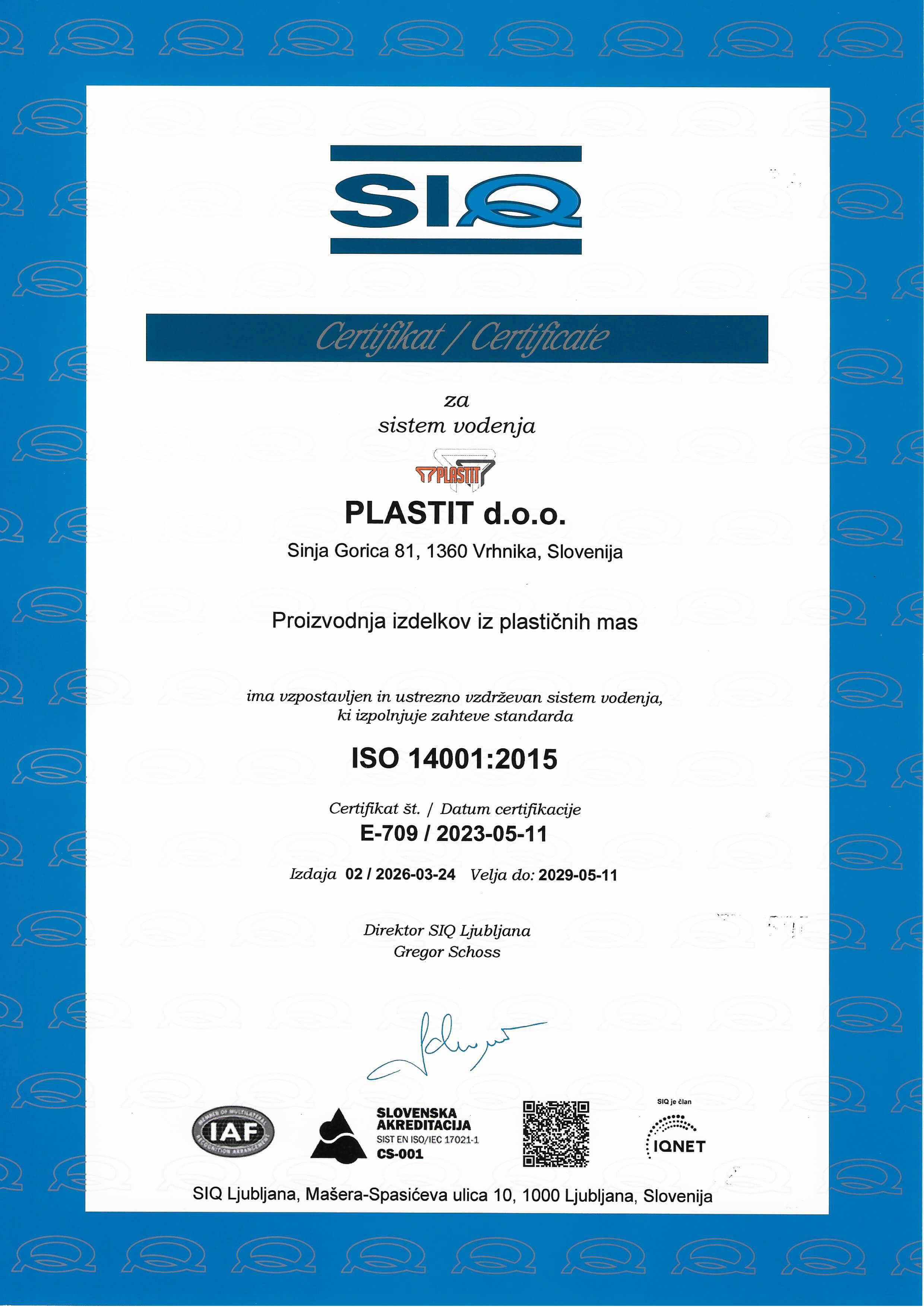 SIQ ISO 14001 certificate for the environmental management system